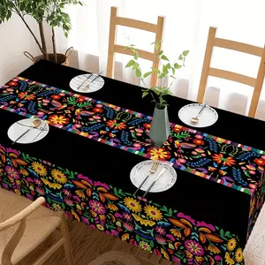 Mexican Floral Tablecloth For Dining Table, Colorful Folk Art Polyester Table Cover For Home Decor