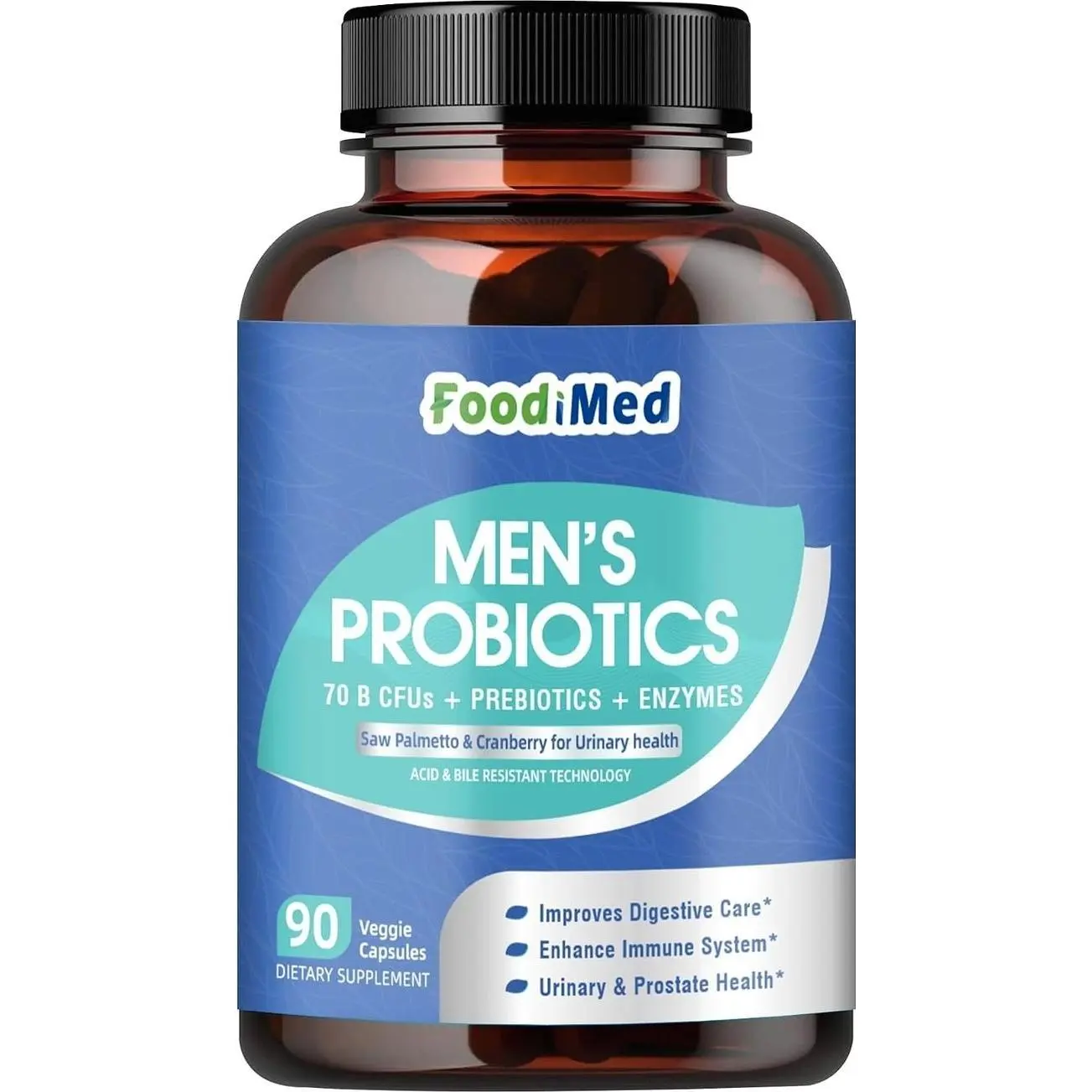 FoodiMed Probiotics for Men Digestive Health, 70 Billion CFUs Mens Probiotic with Enzymes, Prebiotics & Probiotics & Saw Palmetto for Prostate & Urinary Tract, Gas & Bloating Gut Health, 90 Capsules