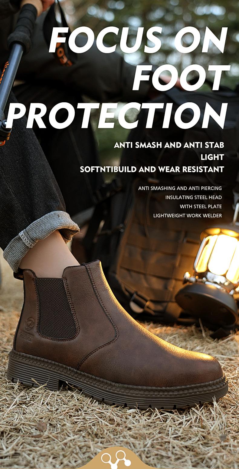 Men's steel-toe sports non-slip work shoes, high-top leather safety boots, have protective functions like anti-smashing and anti-piercing. They are footwear products, Fathersdaygift Boy Closed Bathroom Brown