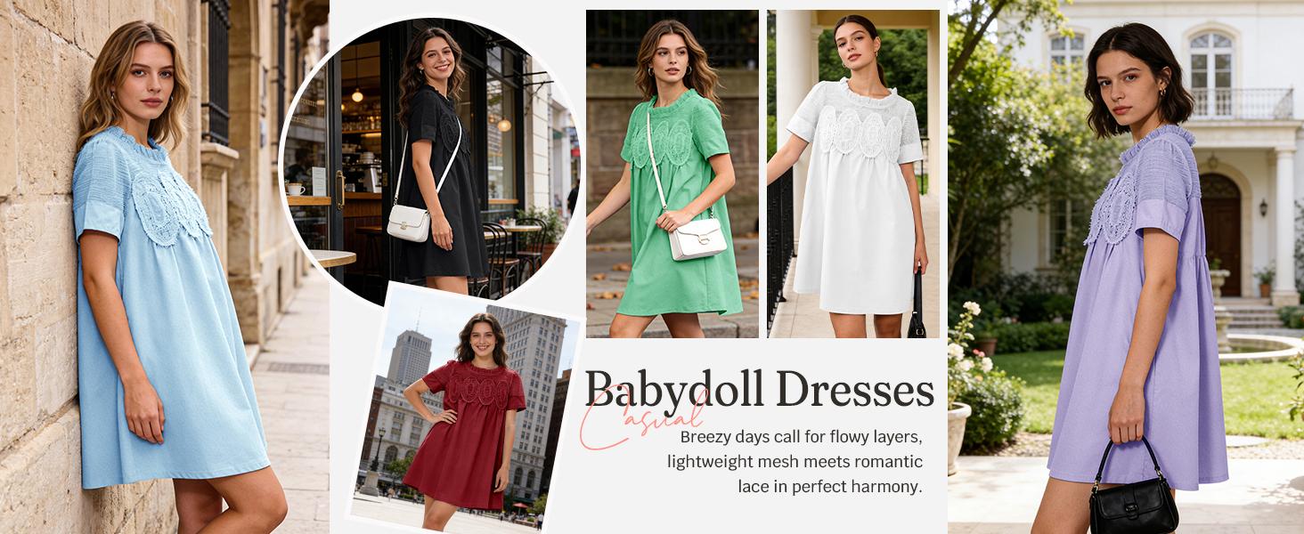 Wenrine Women's Lace Mini Dress Summer Short Sleeve Crewneck Sheer Mesh Casual Loose Ruffle Babydoll Dresses