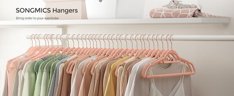 SONGMICS Velvet Hangers, Set of 50 Clothes Hanger with Rose Gold Swivel Hook, Non-Slip, and Space-Saving