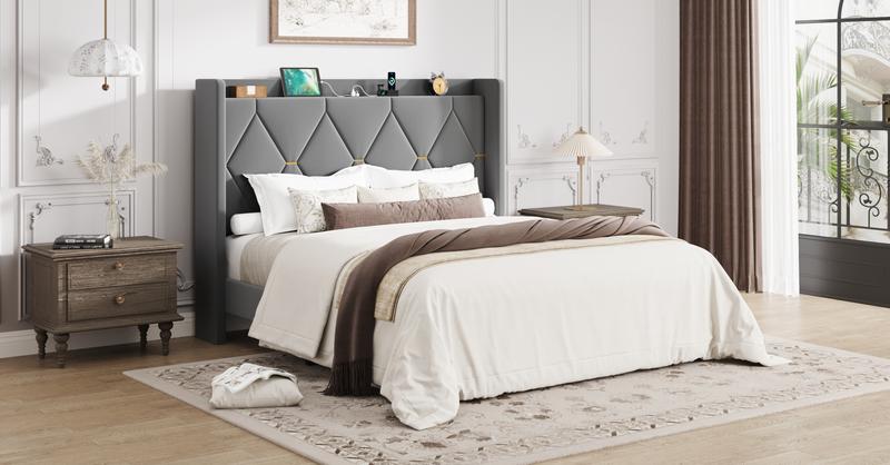 HOOMIC Modern Velvet Upholstered Platform Bed Frame【Frame Only No Mattress】with USB Charging Station and Storage Headboard-Full/Queen/King Size,Diamond Tufted Wingback Design with Gold Trim,No Box Spring Needed,Grey/White/Black
