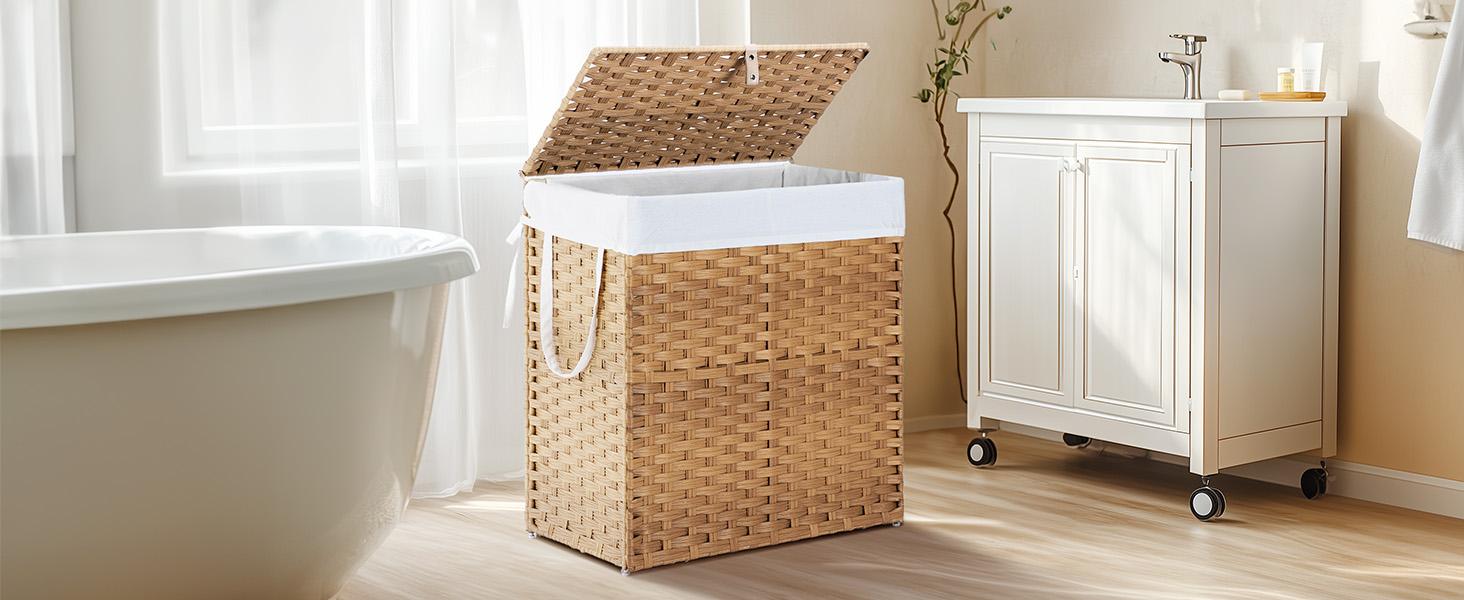 Woven Rattan Laundry Hamper with Adjustable Lid, Dirty Clothes Busket, Foldable, Steel Frame, Machine Washable for Home, Bathroom, Bedroom