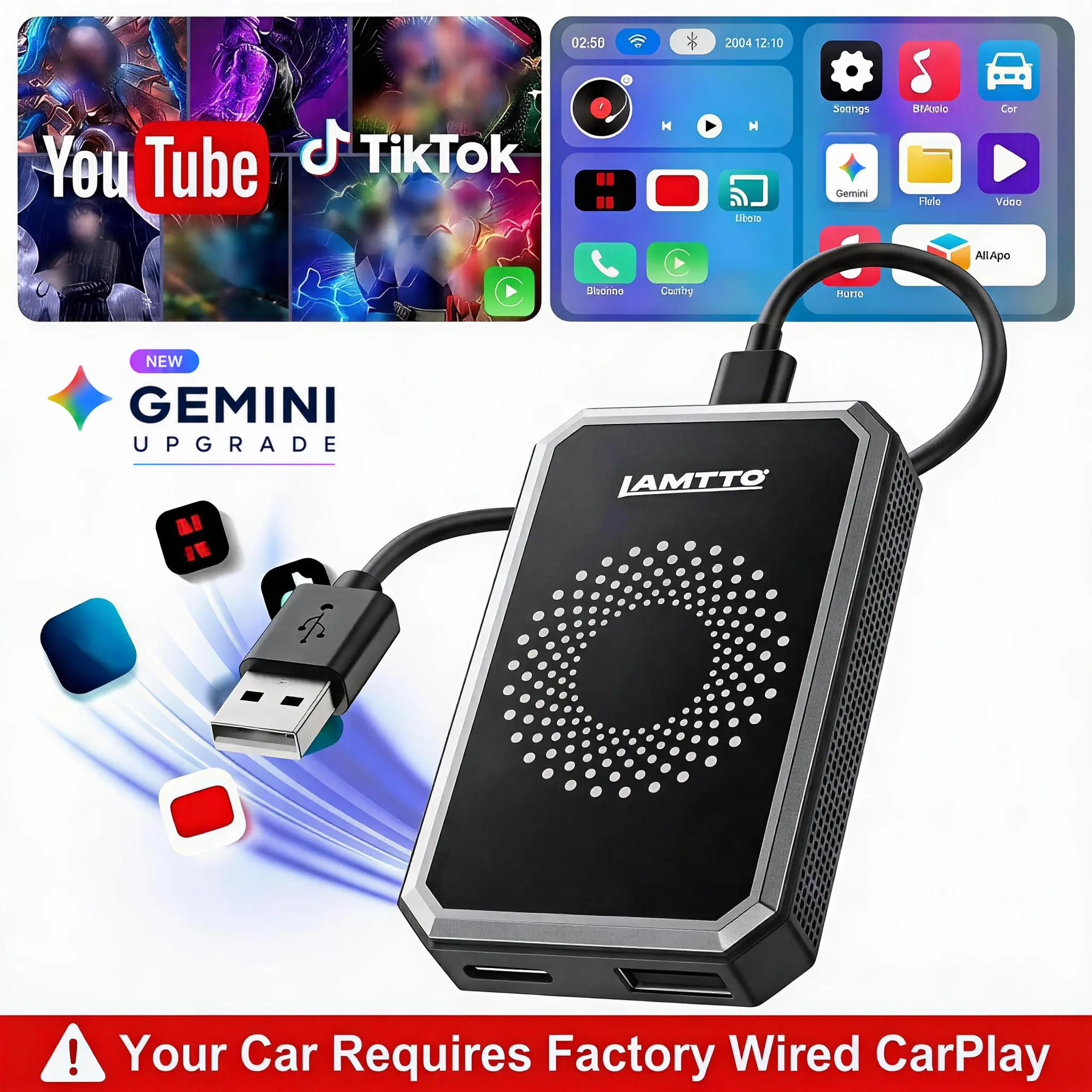 [Only For 2016+ Vehicles] LAMTTO Wired-to-Wireless CarPlay Adapter with Gemini AI - Designed for Vehicles with Factory-Wired CarPlay, Supports In-Car Playback of Netflix, YouTube, TikTok & More [Not for BMW/Tesla]