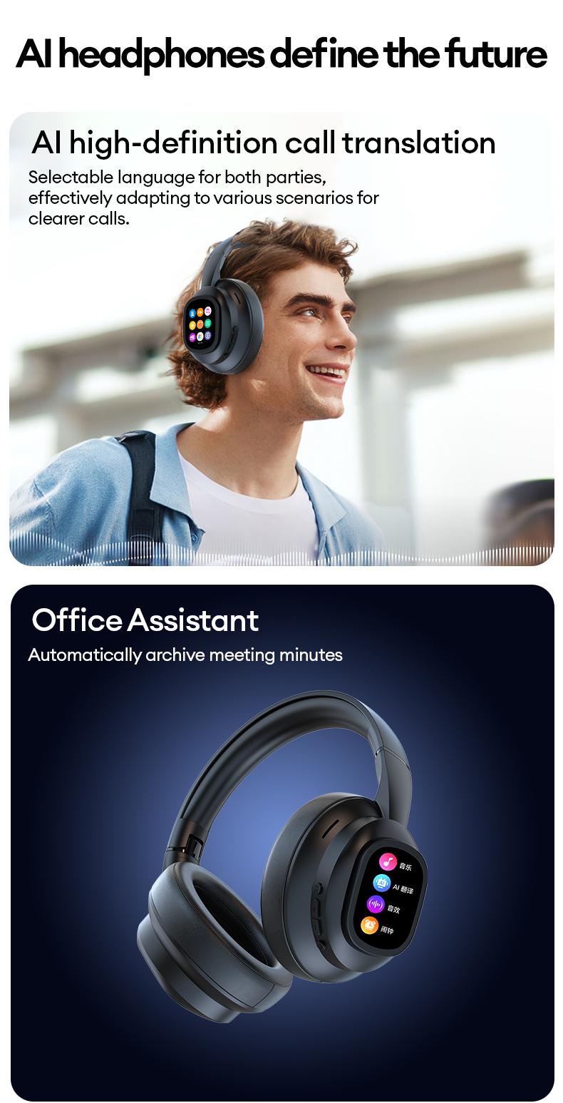 HYUNDAI X1 Pro Wireless Headphones with Detachable Full Color LCD Touch Screen Support 169 Languages Bluetooth Translation Function AI Assistant & Smart Chat