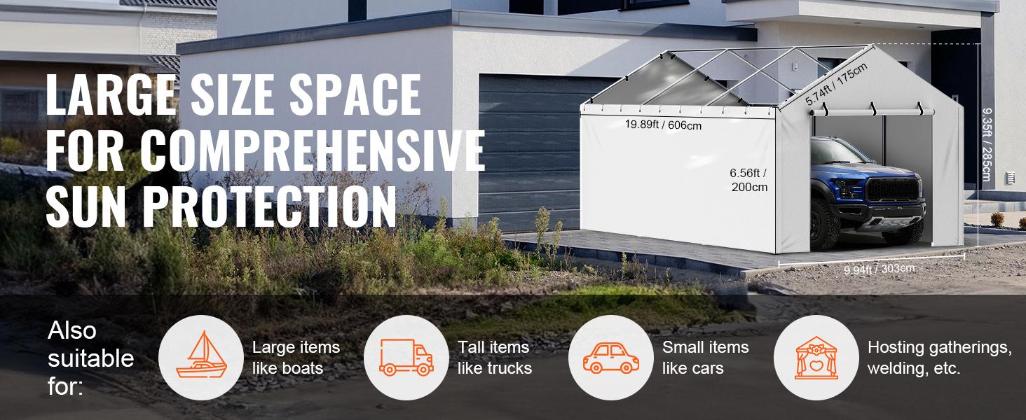 VEVOR Carport Replacement Canopy Cover Side Wall 10 x 20 ft, TikTokShopBlackFriday, Garage Tent Shelter Tarp Heavy-Duty Waterproof & UV Protected, Easy Installation with Ball Bungees,White (Top and Frame Not Included)