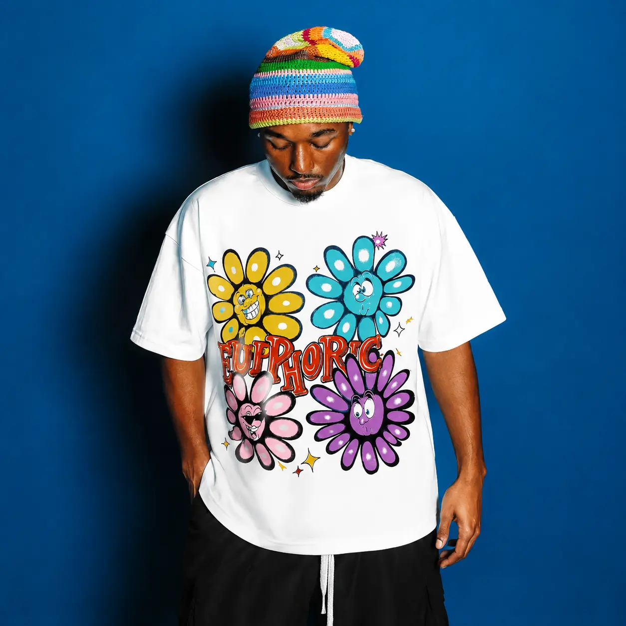 Euphoric Flower Graphic Tee, Retro Y2K Cartoon Daisy Print Unisex Oversized Crew Neck Short Sleeve Streetwear T-Shirt