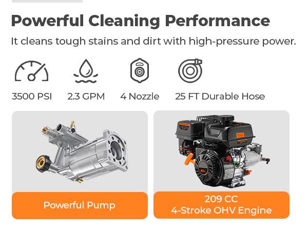 Efurden Gas Powered Pressure Washer 3500 PSI, 2.3 GPM Heavy Duty High Power Washer,209CC 7HP Engine with 25Ft Pressure Hose, Axial Aluminum Pump, Soap Tank, 4 Quick Connect Nozzle
