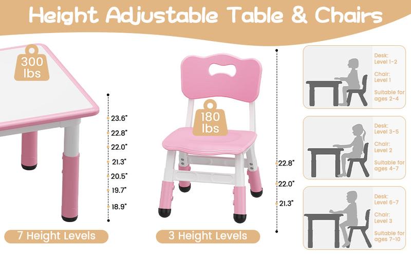 GARVEE Adjustable Height Toddler Table with 6 Chairs - Multi-Activity Set for Ages 2-10, Ideal for Home, Daycare, or Preschool, Available in Pink, Nature, and Grey Options.