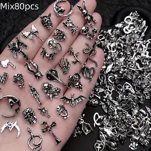 80Pcs Gothic Punk Nail Charms Black Alloy Rivet Chain Metal Decorations for Halloween Y2K Nail Art DIY Manicure Phone Case Accessories Durable Edgy Style