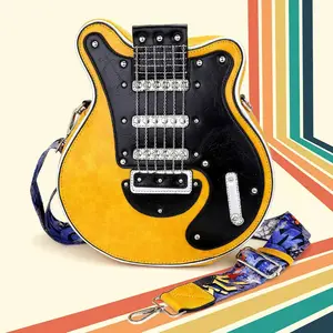 Electronic Guitar Shaped Crossbody Bag Yellow 10.75 X 12 X 3.25 Adjustable Detachable Strap With Zipper Pockets