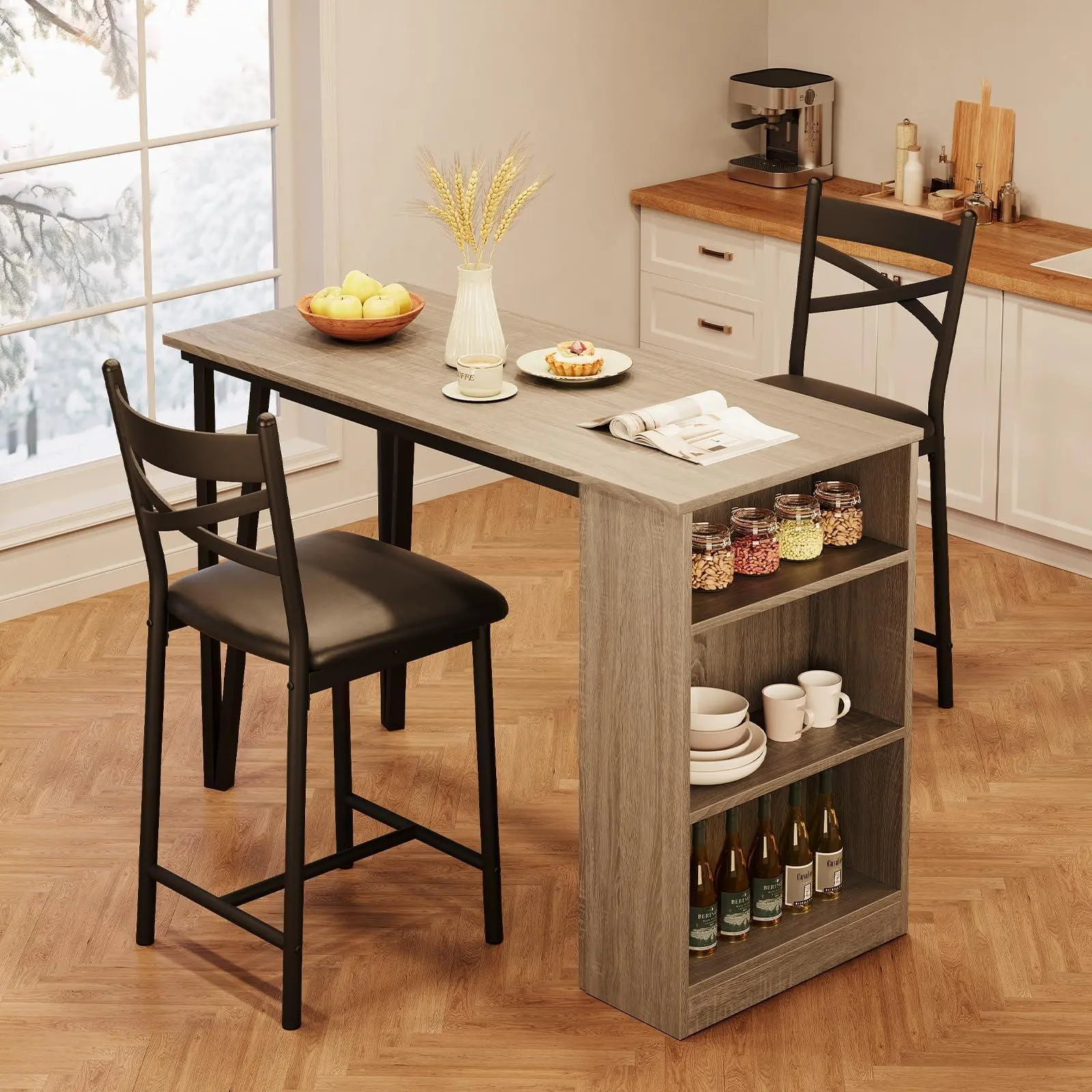 3-Piece Dining Table Set,Counter Height Kitchen Table Set for 2 with Storage Shelves,Expandable Bar Table with 2 Cushioned Chairs for Apartment,Gray