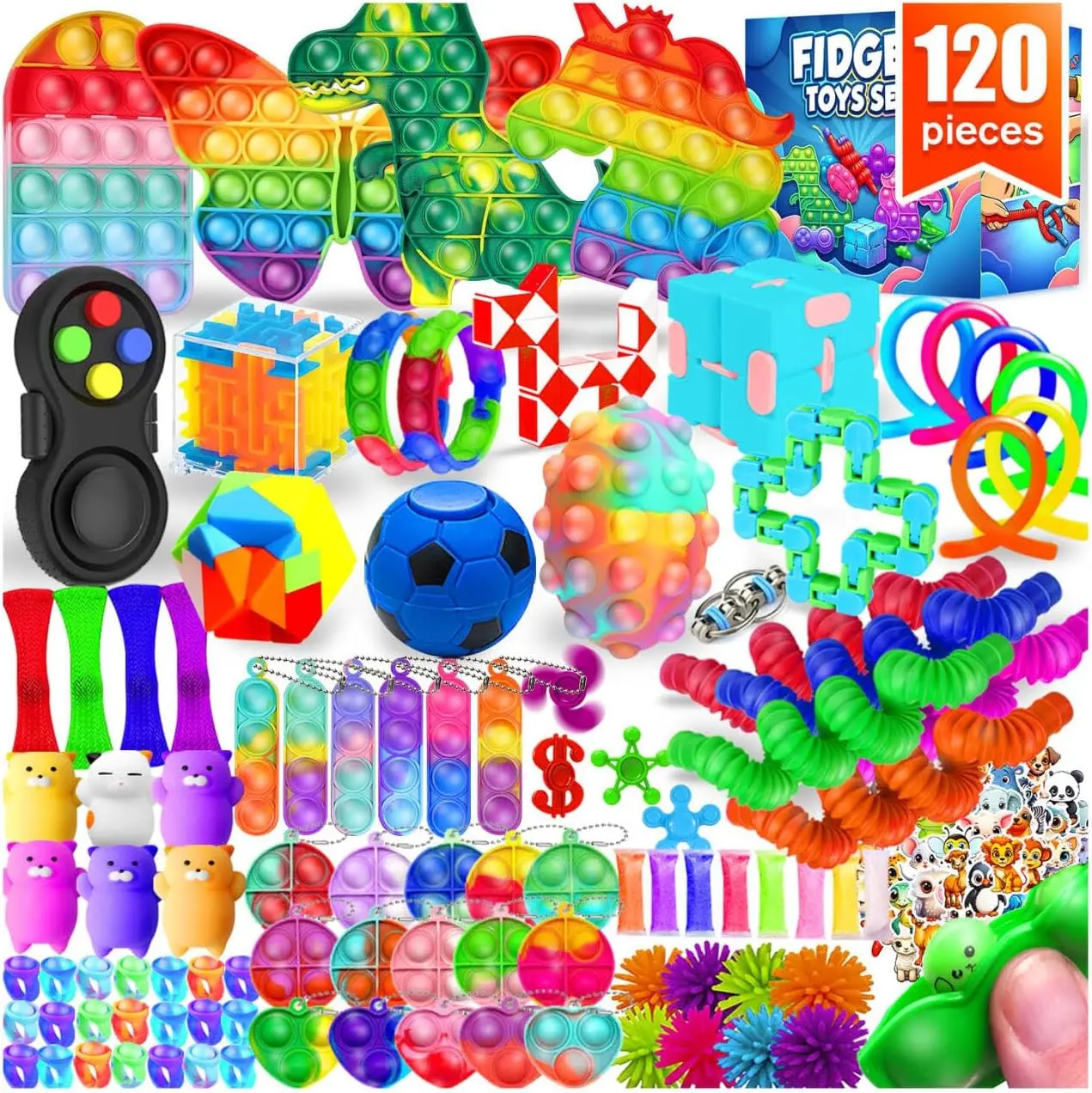 120 Pack Fidget Toys for Kids, Sensory Toy Bulk Set for Classroom Prizes, Party Favors, Pinata Fillers, Stress Relief Toys for Boys Girls Ages 4-12, ADHD Autism Friendly