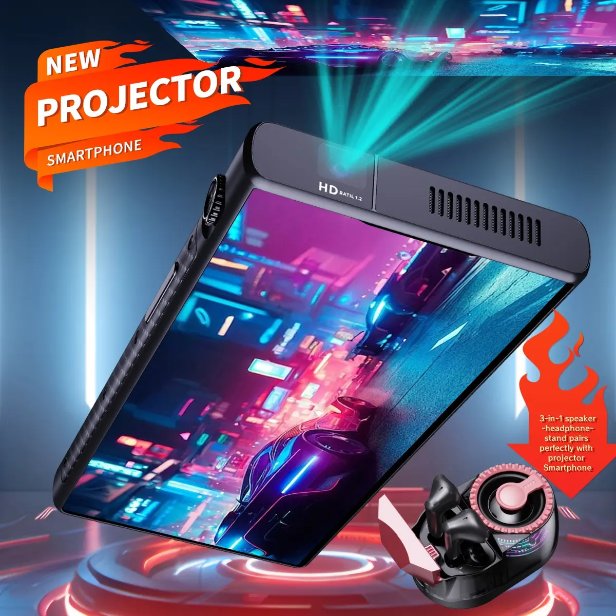 W&O 5G Smart Dual SIM Projector Phone Android 14 (Unlocked)12000mAh Battery – 12GB RAM + 512GB Storage (PD Fast Charging) – Face Unlock,120Hz Projection + OTG Mouse Support、68MP Triple Rear Cameras + 20MP Selfie,Full Band Support T-Mobile, AT&T, Verizon!