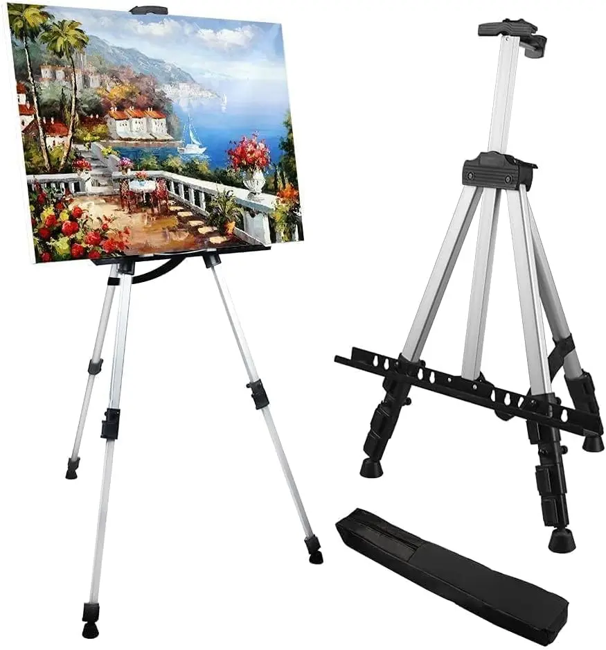 Art Painting Artist Easel Stand Display Sign Aluminum Metal Tripod Adjustable portable Easels for Painting Canvases Height From 17 To 66 Inch,Carry Bag For Table-Top/Floor Drawing and Displaying-White
