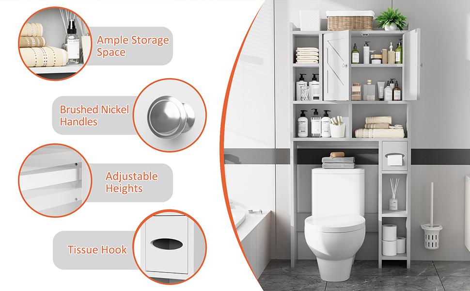 Walsunny Over The Toilet Storage Cabinet, Farmhouse Storage Cabinet with 2 Barn Door & Toilet Paper Holder Stand, Toilet Rack for Bathroom, Laundry Furniture Organizer, White