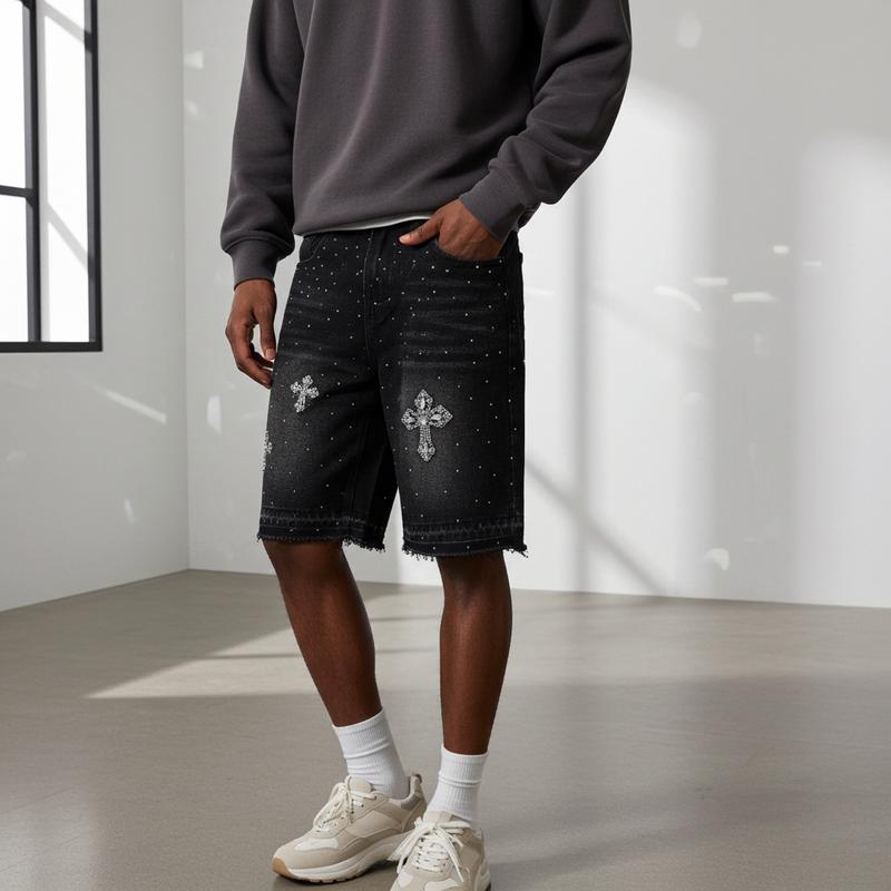 Sopula Studio Men's Hiphop Cross Hot Diamond Jorts Denim Shorts