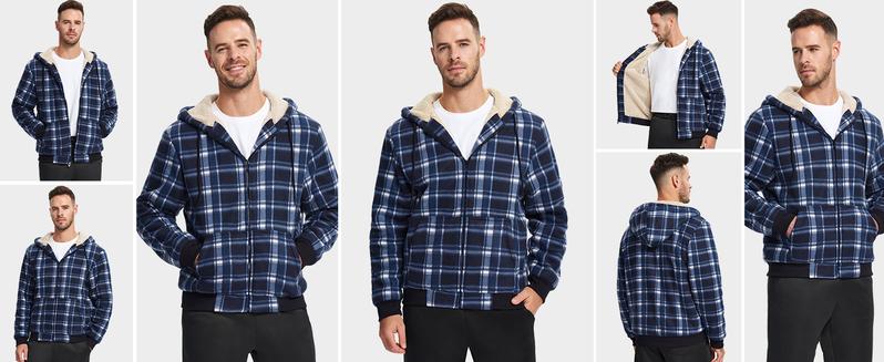 ZITY Heavy Thick jackets for Men Plaid Flannel Warm Sherpa Fleece Lined Winter Full Zip Up Coat with Hood Casual Fashion Sweatshirt Black Checked