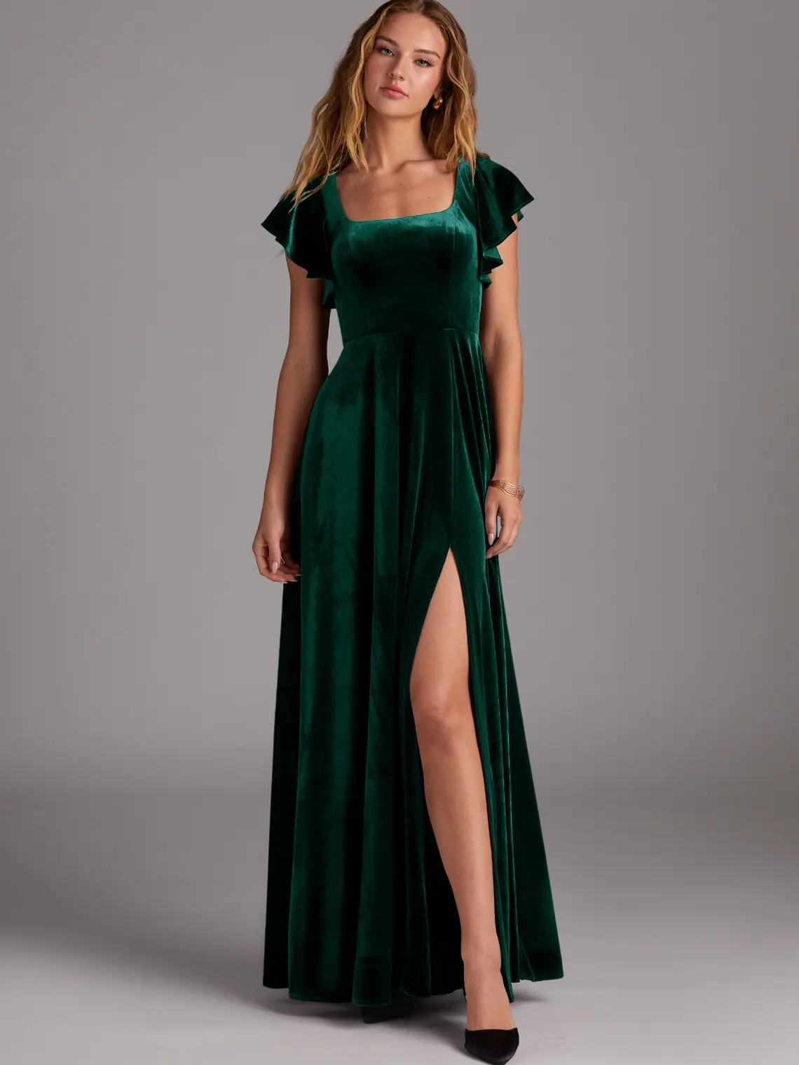 Azazie Bondi A-Line Square-Neck Flutter-Sleeve Leg-Slit Wedding Guest Formal Velvet Dress, Women, Formal Wear