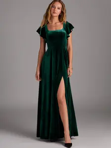 Azazie Bondi A-Line Square-Neck Flutter-Sleeve Leg-Slit Wedding Guest Formal Velvet Dress