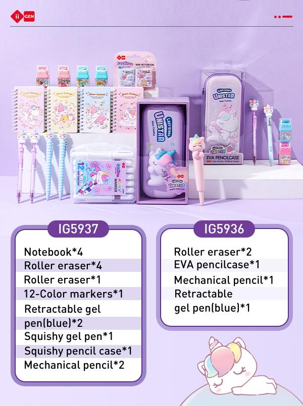 iiGEN KunPanda & Unicorn Back to School Sets! All-in-One School Supply Set，Includes Pencil Case, Mechanical Pencils,Gel Pens,Markers,Notebooks,Eraser,Ruler & Striker- Must-4 Styles Gift for Kids & Students!