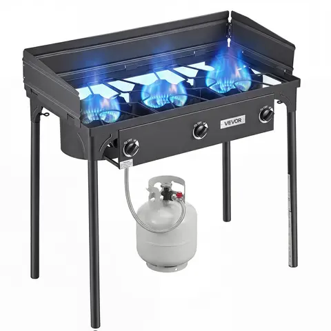 VEVOR Heavy-Duty Portable Triple-Burner Propane Stove - Outdoor Camp Kitchen Station with Tall Detachable Stand, Wind Shield, Rust-Resist Coat, Independent Knobs, 225K BTU Power, Fits Pots, Woks, Griddles, Easy to Store Camping Gear for Campfire, BBQ