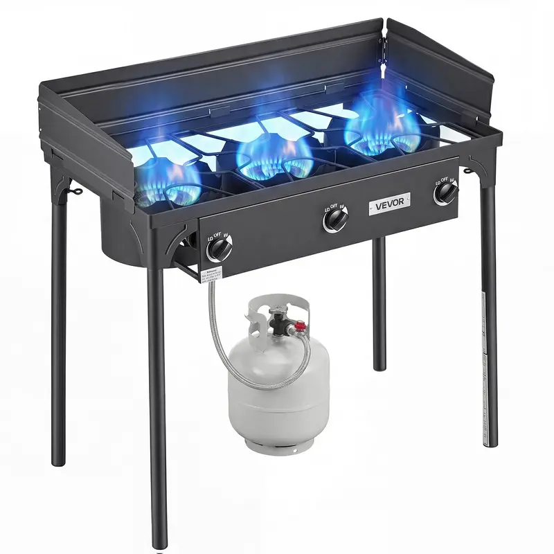 VEVOR Heavy-Duty Portable Triple-Burner Propane Stove - Outdoor Camp Kitchen Station with Tall Detachable Stand, Wind Shield, Rust-Resist Coat, Independent Knobs, 225K BTU Power, Fits Pots, Woks, Griddles, Easy to Store Camping Gear for Campfire, BBQ