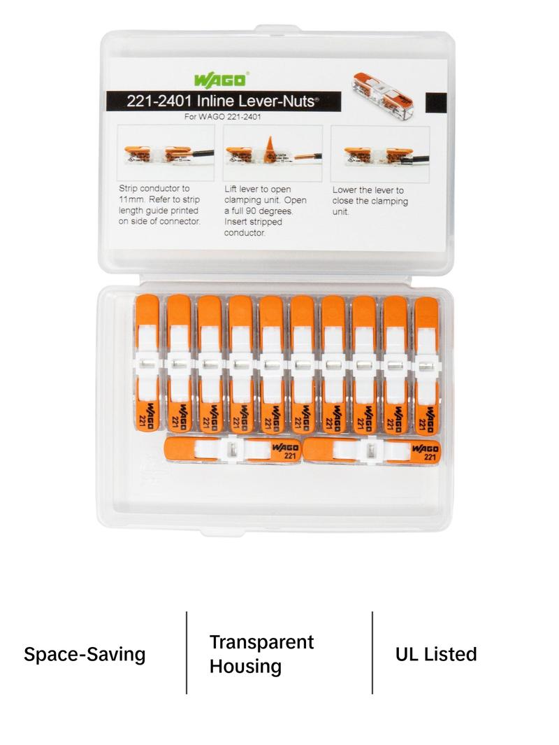 WAGO 221-2401 LEVER-NUTS 12pc Compact Splicing Inline Wire Connectors with Case