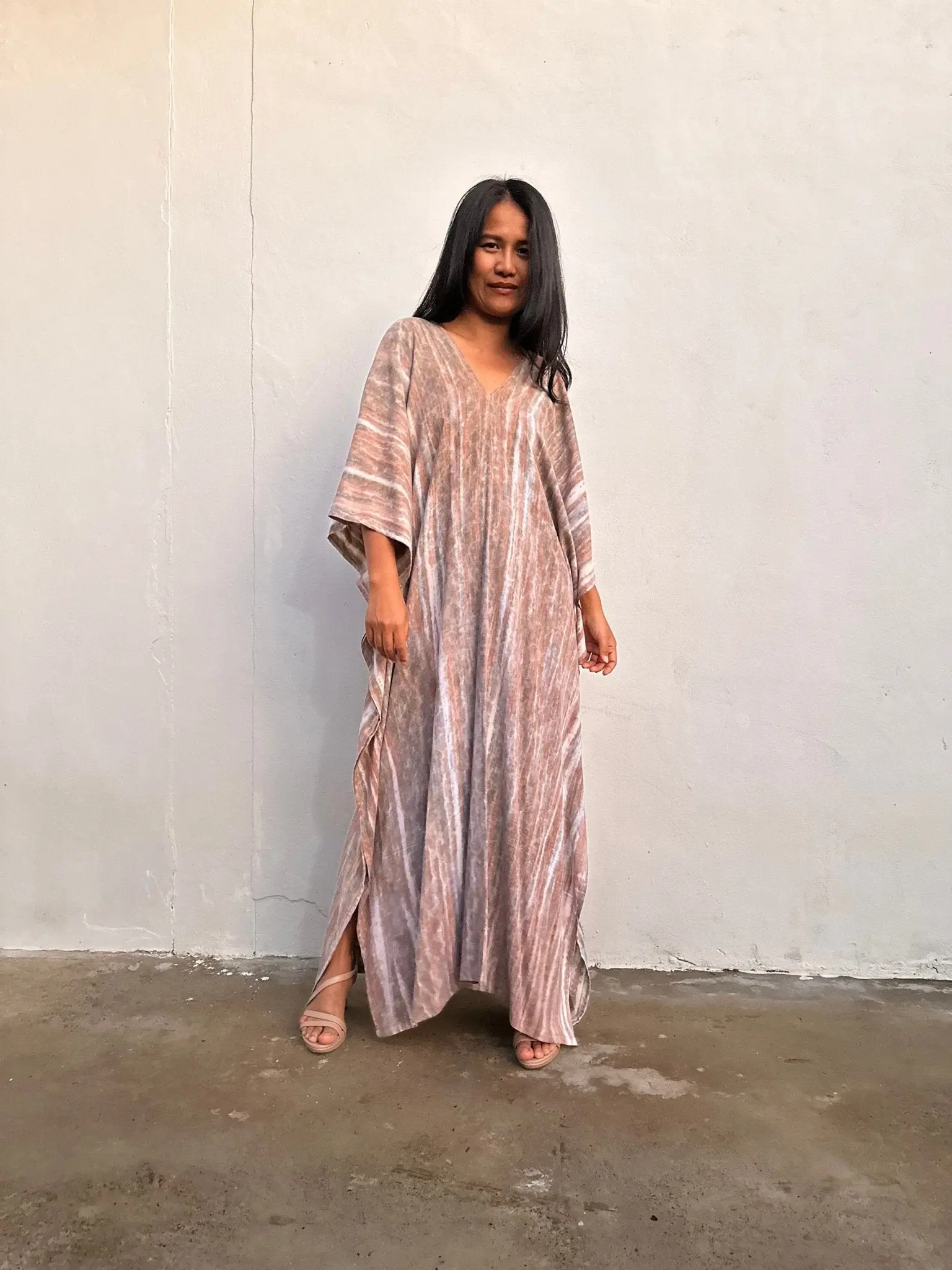 Amina Full Length Kaftan with Hand-Painted Tan Stripes, Lightweight and Loose Maxi Dress with Smooth Drape, Belted for Vacation or Lounging