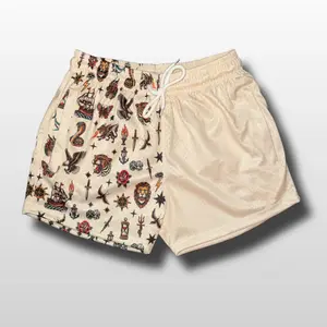 Men’s Tattoo Design Pattern Mesh Shorts – All Over Ink Inspired Graphic Print Breathable Athletic Shorts with Elastic Waist Drawstring Summer Streetwear Gym Running Shorts