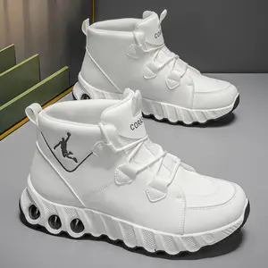 Men's White Athletic Sneakers with Air Cushion, Waterproof PU Leather Lightweight Non-Slip Running Shoes for Men & Teens, Gym and Daily Casual