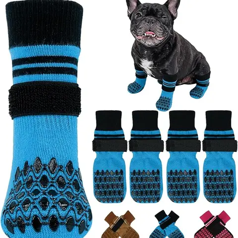 Kuoser Non-Slip Blue Dog Socks, 4-Pack Paw Protectors with Double-Sided Traction, Adjustable Hook-and-Loop Straps, All-Weather Protection for Indoor Hardwood Floors & Outdoor Use, Prevents Paw Licking for Small-Medium-Large Senior Dogs
