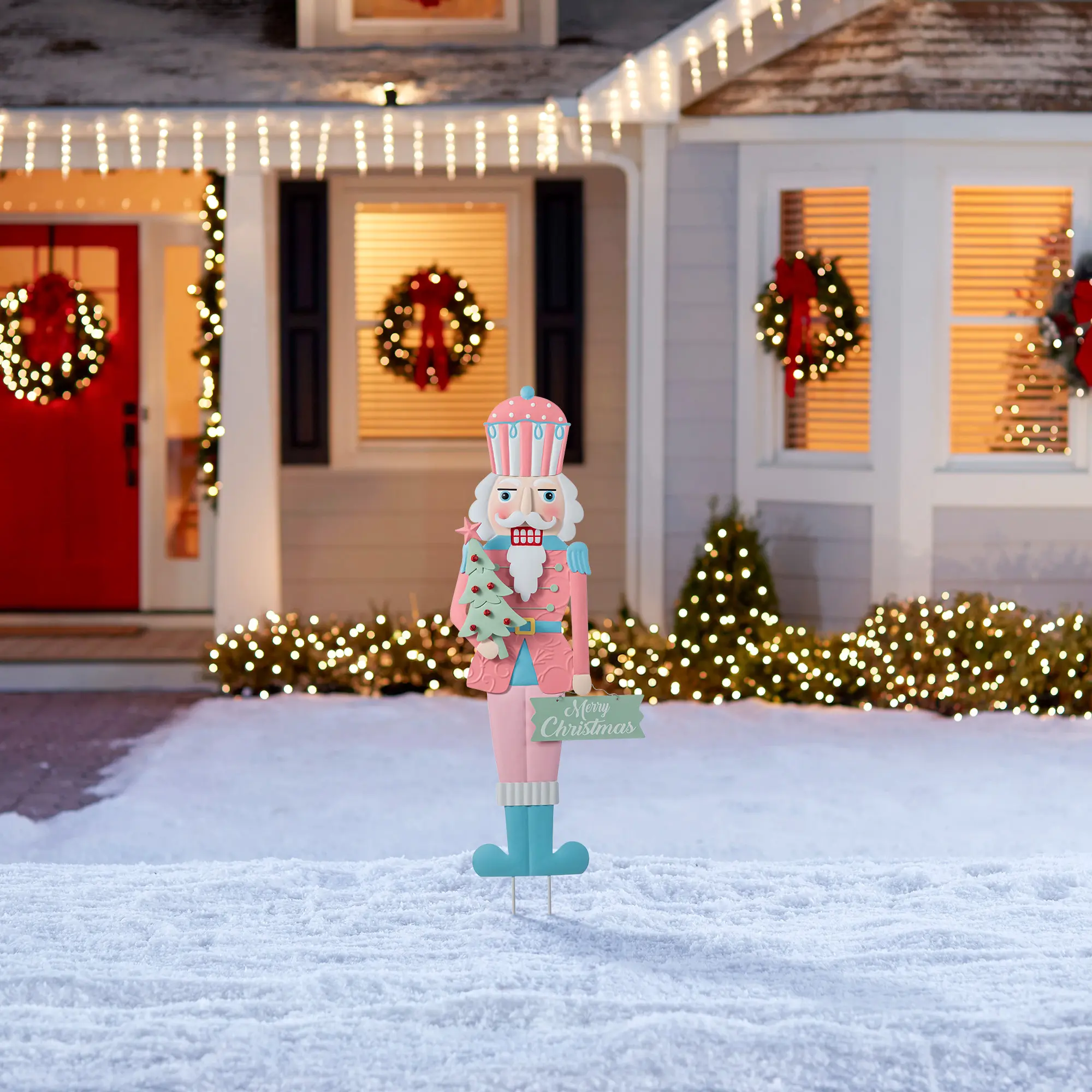 Glitzhome 36-in (36"h) Durable Whimsical Modern Pink Christmas Nutcracker Yard Stake (KD) - Easy-Install Outdoor Festive Decor with Irregular Form for Holiday Greetings