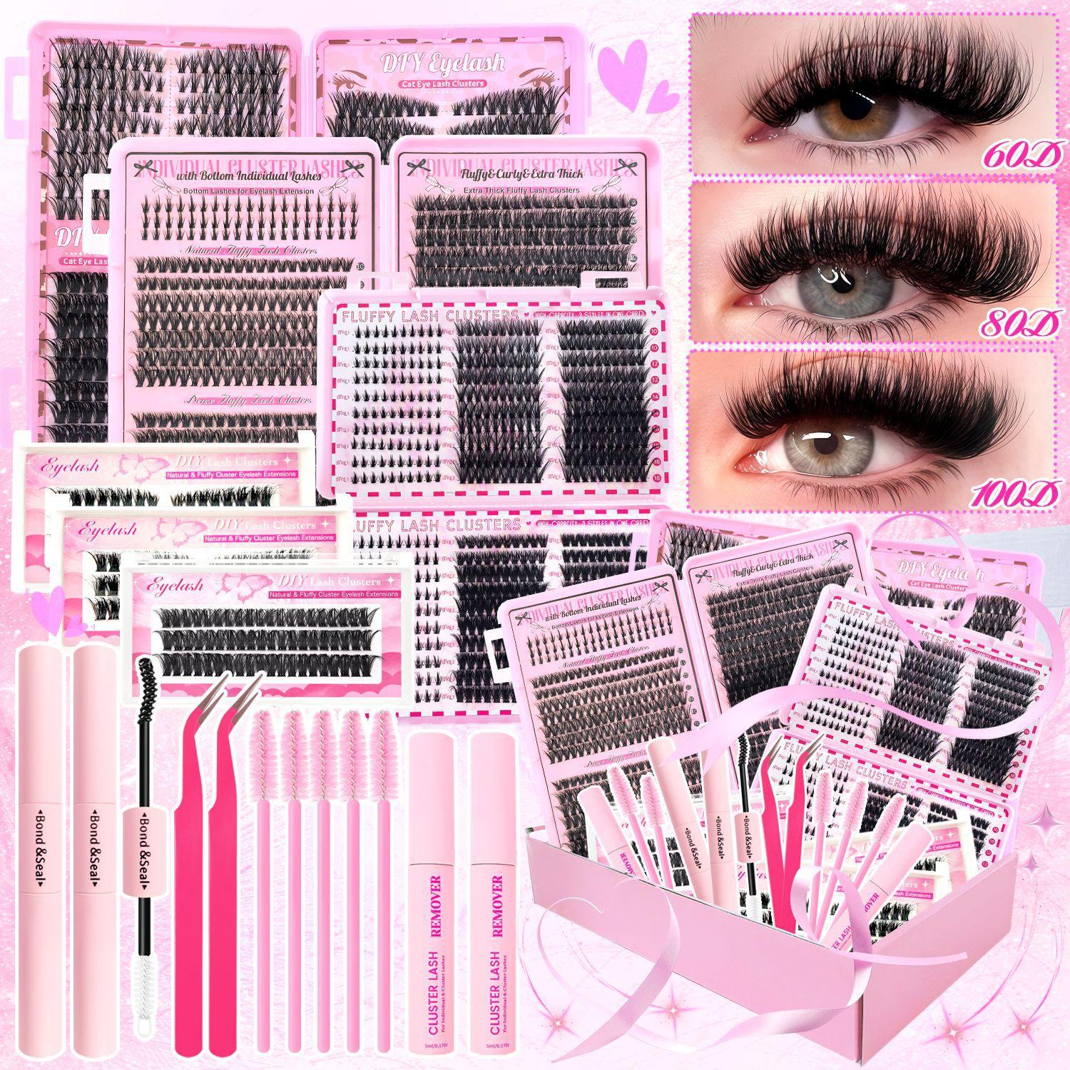 2080Pcs Fluffy Lash Clusters Kit Manga/Cat Eyes/Natural/Dense/Thick/Dramatic/Bottom Lashes Eyelash Clusters 9-18mm 30D 40D 80D 100D DIY Lashes Cluster Eyelash Extensions Kit Individual D Curl False Eyelashes with 2 Bond&Seal 2 Remover 2 Tweezers 5 Brushes