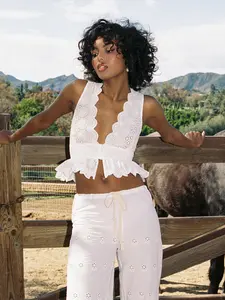 Raia White Eyelet Wave Trim Crop Vest Top