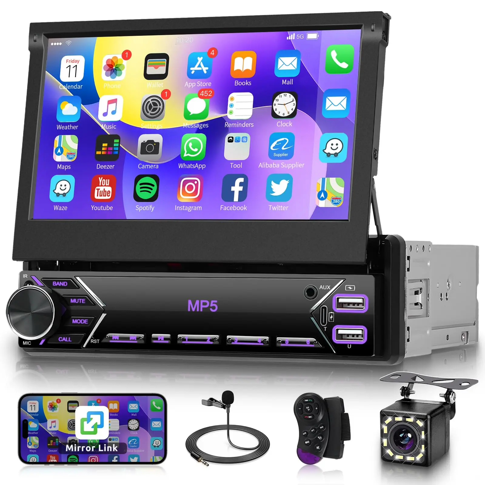 7-Inch Single Din Flip Out Touchscreen Car Stereo - Retractable Touch Screen Car Radio with Bluetooth, Mirror Link, FM, EQ, USB, Type-C, AUX, SWC, Backup Camera, MP5 Multimedia Audio Receiver, Mirrorlink fathersdaygift, Cars