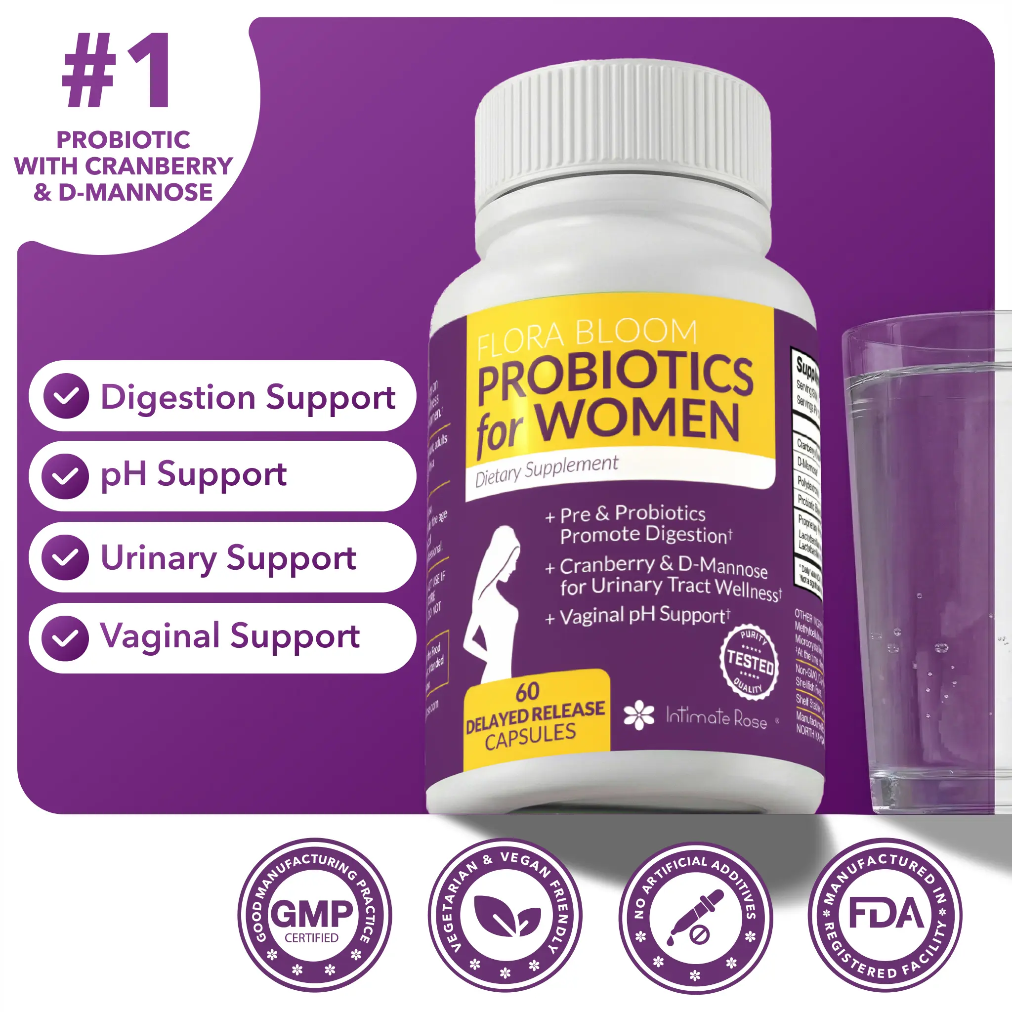 Intimate Rose Women's Natural Dietary Probiotic Supplement with Cranberry & D-Mannose - GMO-Free, Gut Support, pH Balance, Urinary & Digestive Health - 60 Vegan Capsules for Health and Wellness Fruit probiotics for women