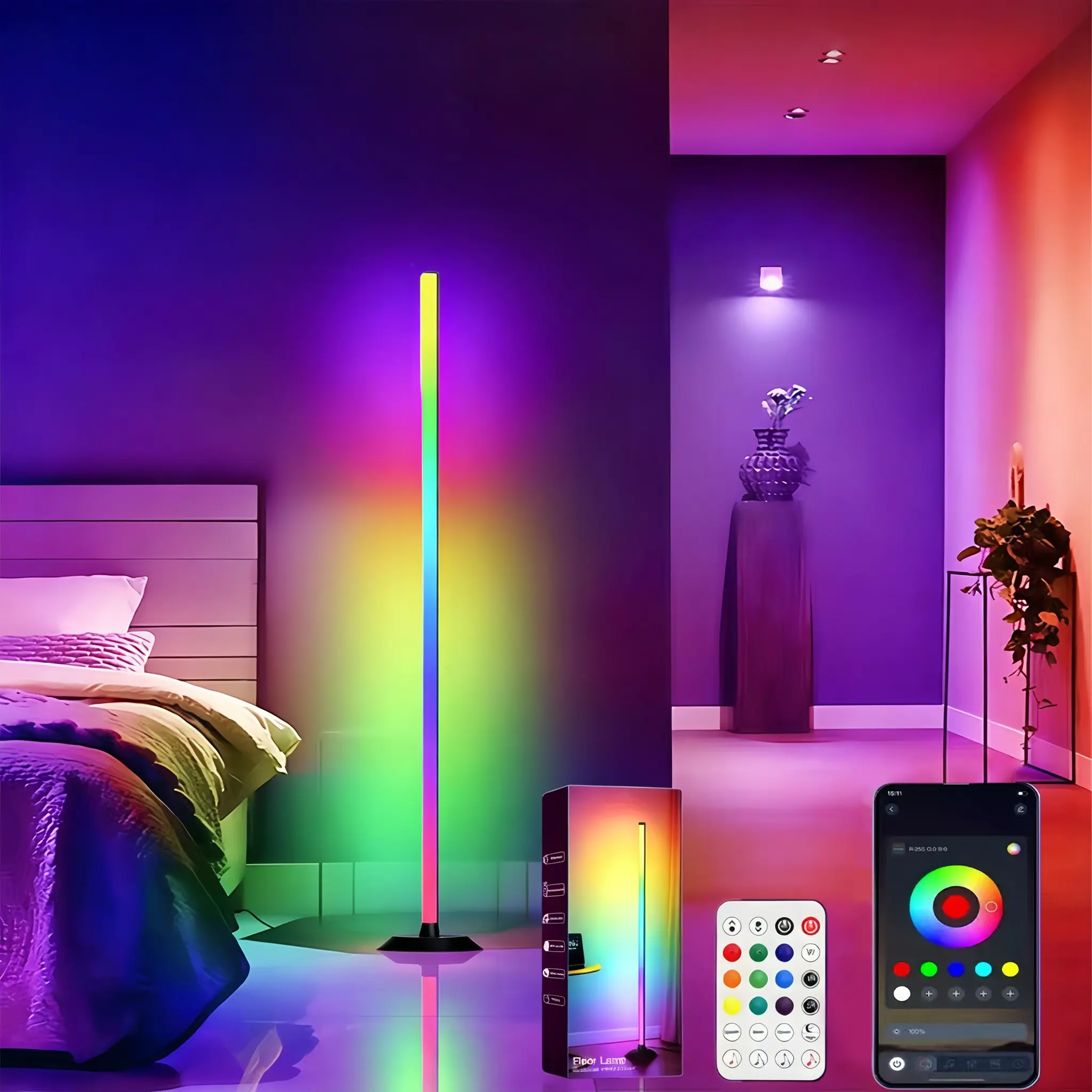 1/2 Pack RGB Floor Lamp with Remote Control, Led floor lamps, supports APP control, adjustable multicolor ambient light and smart music sync, Multicolor lighting, Great for bedrooms, living rooms, home theaters, USB plugin powered