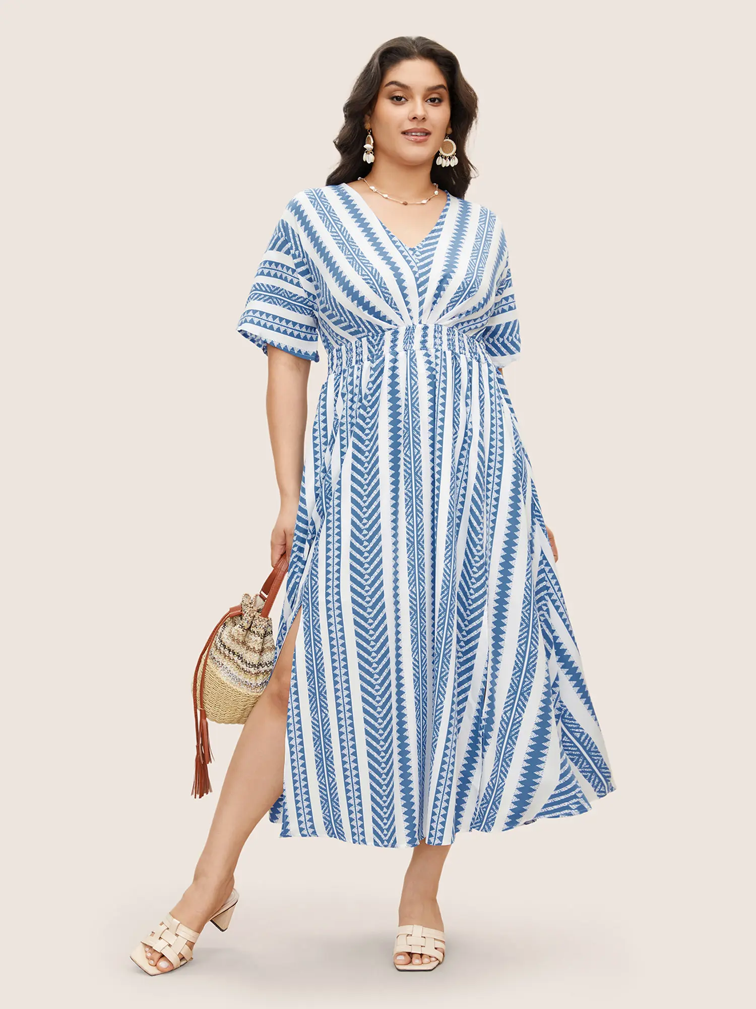 BloomChic Plus Size Midi Dress for Women [M-6X] – Geometric Print Flowy Summer Dress, Shirred Waist Dolman Sleeve Casual Dress with Pockets, Vacation & Everyday Outfisummeroutfits,vacationoutfits,beachoutfits,Summerfinds