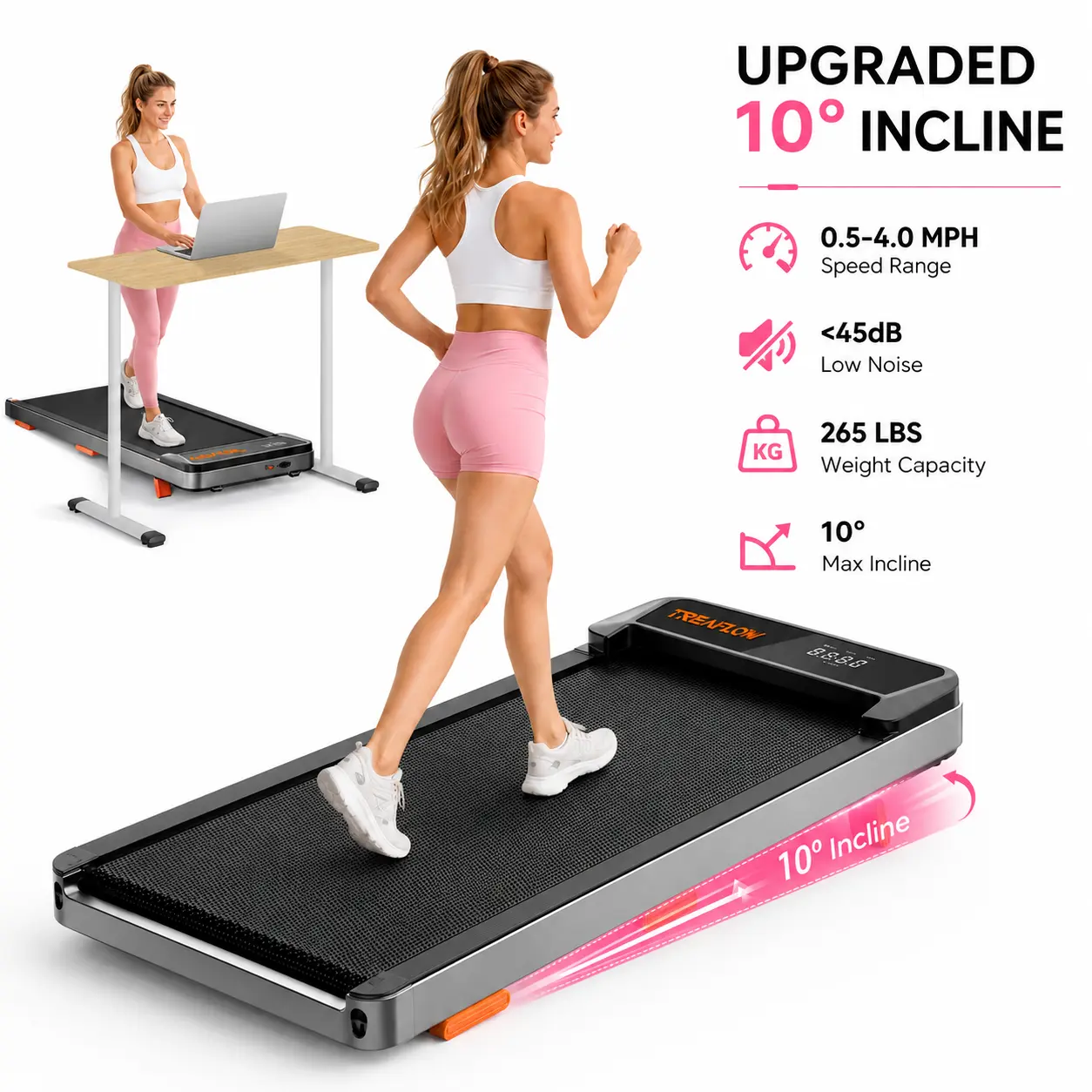 Adjustable Incline Under Desk Walking Pad Treadmill, 2.5HP Low Noise Motor, 265lbs Weight Capacity, Adjustable Speed, Remote Control, Wheels for Easy Mobility, Dual Shock Absorption, Portable Home Gym Equipment for Workout From Home, Get Your Steps In