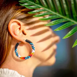 Handmade Pattern Beaded Hoop Earrings for Women - Native American Inspired Design