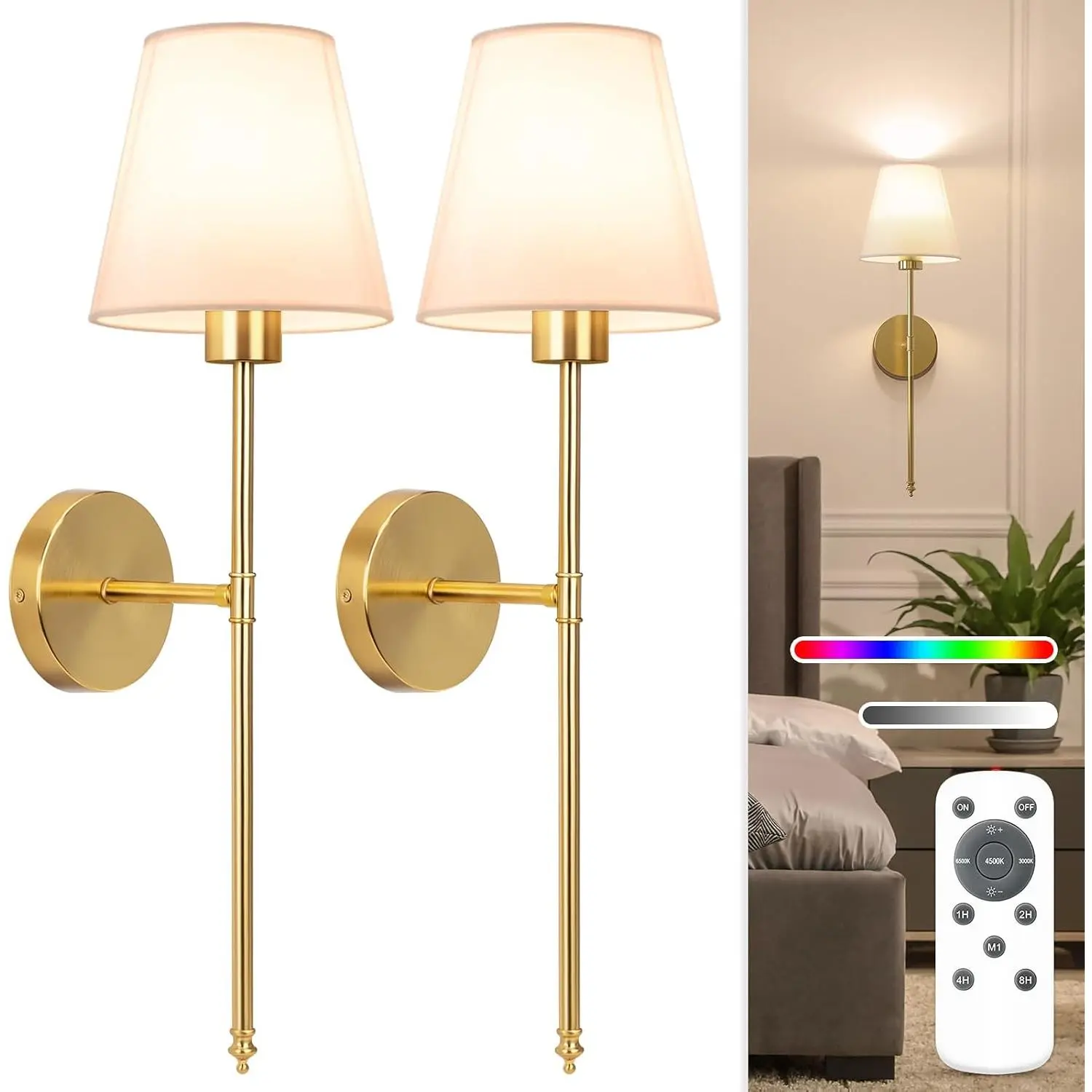 Battery Operated Wall Sconce Set of 2,Gold Rechargeable Wall Lights with 5200mAh Dimmable Bulbs and Remote, Wireless Wall Lamps for Bedroom Living Room Hallway Decor