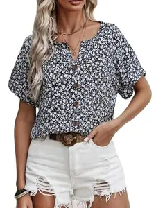 OsCloset Womens Summer Tops Floral Art V Neck Ladies Button Down Casual Cute Blouse Wildflowers Graphic Short Sleeve Shirt