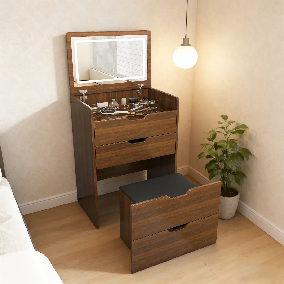 LED Vanity Desk - 3-in-1 Adjustable Makeup Dressing Table with Built-in Dimmable Mirror Lights, Flip Top, Stool, Compact Storage, 330lb Weight Capacity, 23.62in Walnut for Bedroom, Easy Setup