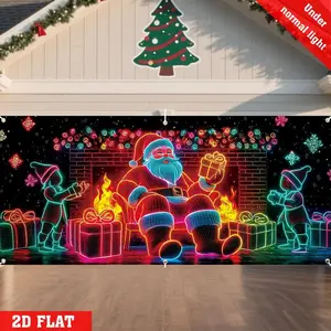 decal 16x7ft UV Activated Christmas Garage Door Cover Banner Glows in Dark 2D Flat Holiday Garage Door Covers with Cartoon Santa and Elf Xmas Outdoor Indoor Party Decoration