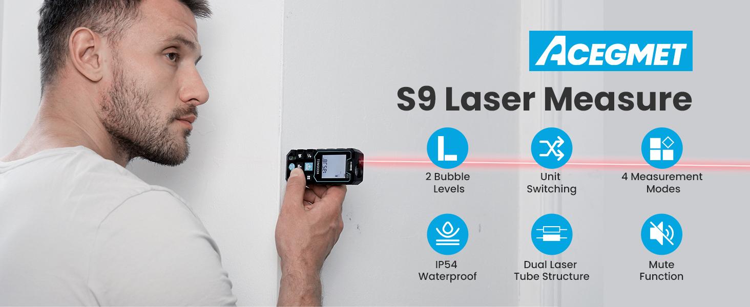 ACEGMET Laser Measure S9 , 229ft Laser Measurement Tool, Room Laser Measuring Tool with 2 Bubble Levels, LCD Backlit Display, IP54 Waterproof, Pythagorean Mode for Distance, Area, Volume,for Men gift  TikTokShopHolidayHaul