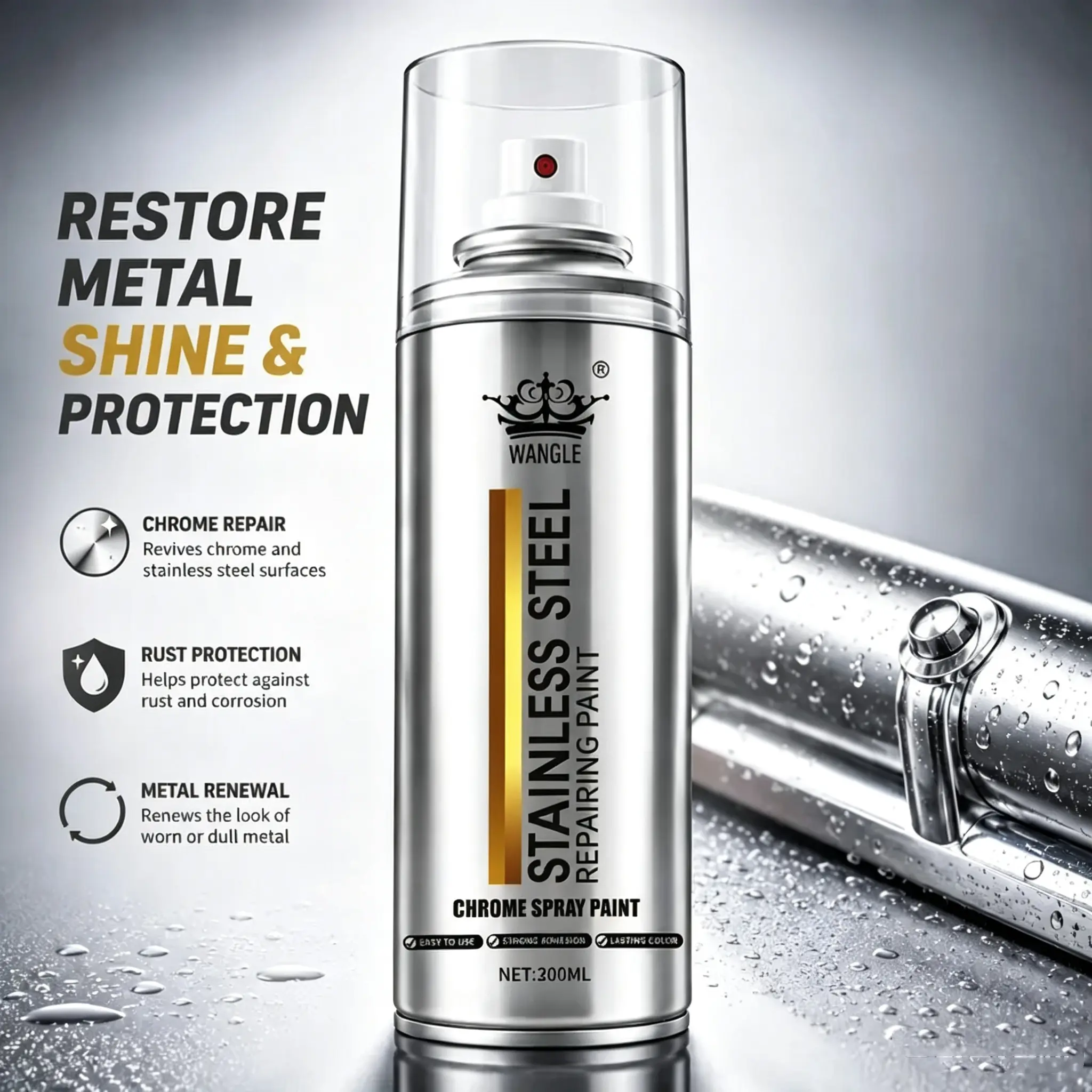 Professional Chrome Coating Spray (300ml) - Beginner-Friendly Household Cleaner, Durable Protective Layer, Low-Odor Rust & Corrosion Protection for Faded Metal Surfaces, Cars, Bikes, Indoor Decorative Metals, Protect Against Rust And Corrosion, Metal Rene
