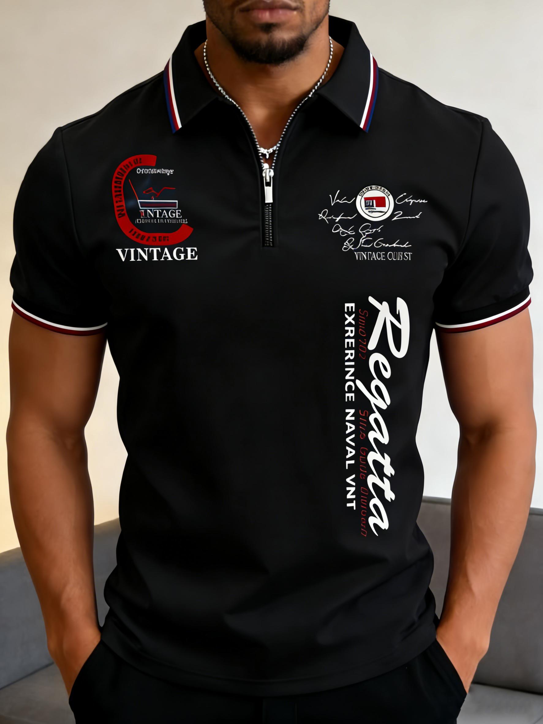 Men's vintage casual Regatta printed polo shirt, short-sleeve with a half-zip, casual and breathable, with contrast trim, suitable for everyday casual and outdoor wear