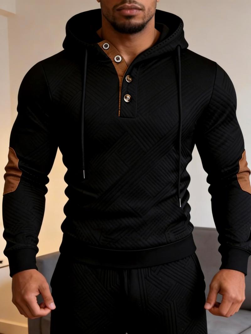 Men's slim fit hooded jacquard top with half open button design, elastic sports and casual sweatshirt