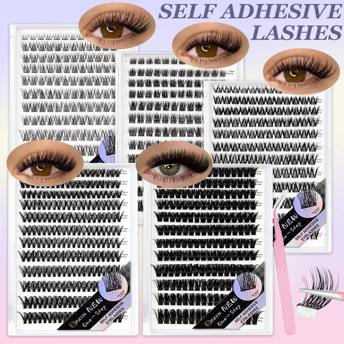 864 Pcs Self Adhesive Makeup Eyelash Clusters, Self Adhesive Eyelashes, 40D/100D/Natural Cluster Lashes/Wispy No Glue Needed, Invisible Strip Tape - Longer Lasting, No Sticky Residue Pre Glued Eyelashes, Comes with matching tweezers, Cluster Eyelash Set